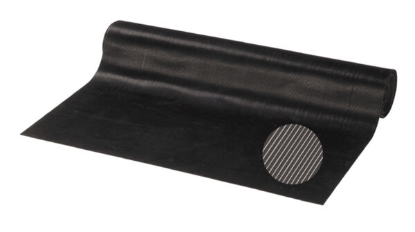 The image shows a black rubber mat, rolled up and partially unrolled. In one corner, there is a round area with a striped pattern. The mat appears durable and flexible.