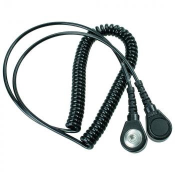 The image displays a spiral-shaped, black cable with two ends. One ends in a round plug, the other has a smaller, flat connector.