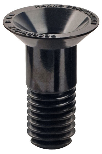 The image shows a black screw with a conical head. The head has a recessed shape, while the lower part is threaded for screwing into materials.