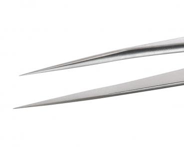 The image shows a pair of scissors with two sharp, pointed metal blades. The blades are long and narrow, and the material has a shiny, silver hue.