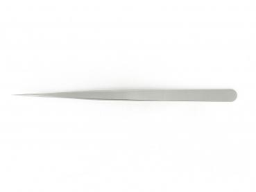 The image shows a pointed, metallic tweezer. It is long and narrow with a slightly rounded base and a sharp tip for gripping small objects.