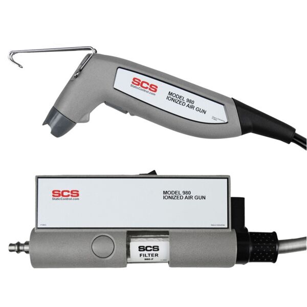 The image shows an ionized air gun in gray with a long handle and a hose connection. It has a mechanical shape and bears the "SCS" logo on various parts.