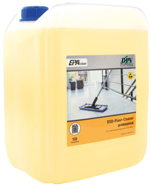 The image shows a yellow, square plastic canister with a blue screw cap. On it is a label featuring a mop and the inscription "ESD-Floor-Cleaner professional".