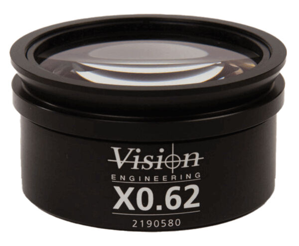 The image shows a round, black lens with a smooth surface. On the front it reads "Vision Engineering" and the numbers "X0.62" and "2190580" are printed.