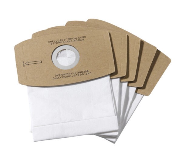 The image shows several white vacuum cleaner bags. Each bag is attached at the top to a brown cardboard piece that has an opening. The bags are neatly stacked.