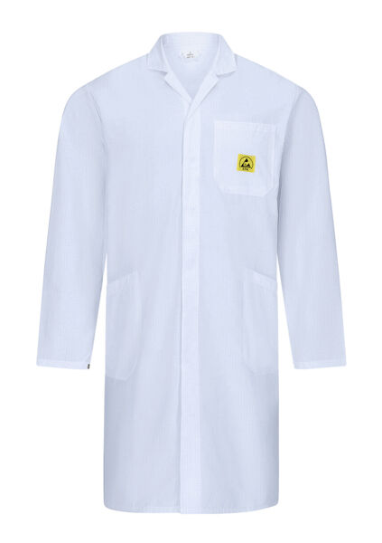 The image shows a long white coat with a collar. It has long sleeves, a chest pocket with a yellow emblem, and two side entry pockets. The fabric appears light and breathable.