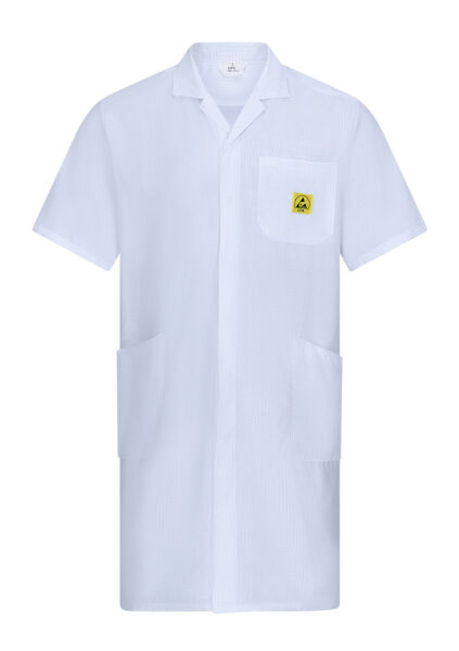 The image shows a white coat with short sleeves. The coat features a collar, a chest pocket, and two large pockets on the front. A yellow logo is located on the chest pocket.