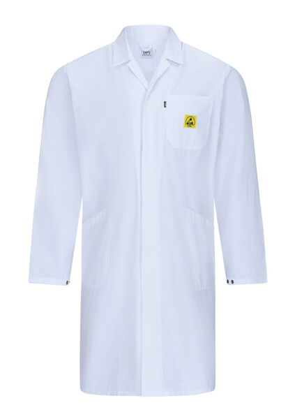 The image shows a long, white lab coat with a collar. It has long sleeves, two patch pockets, and a chest pocket with a yellow logo. The fabric appears light and smooth.