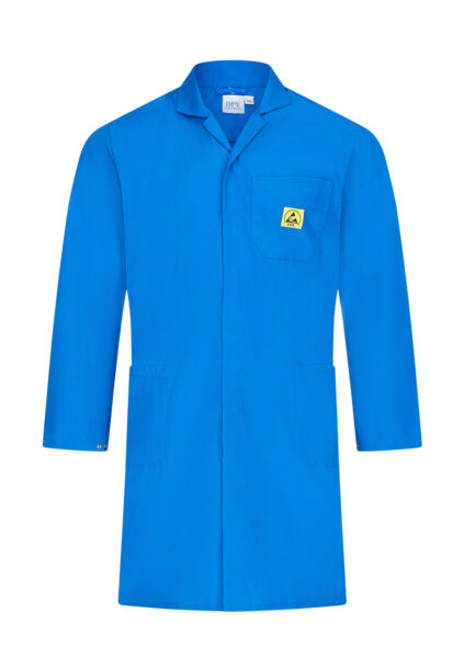 The image shows a blue lab coat with long sleeves and a buckle. There is a yellow logo on the left chest side. The coat has a classic, comfortable fit.