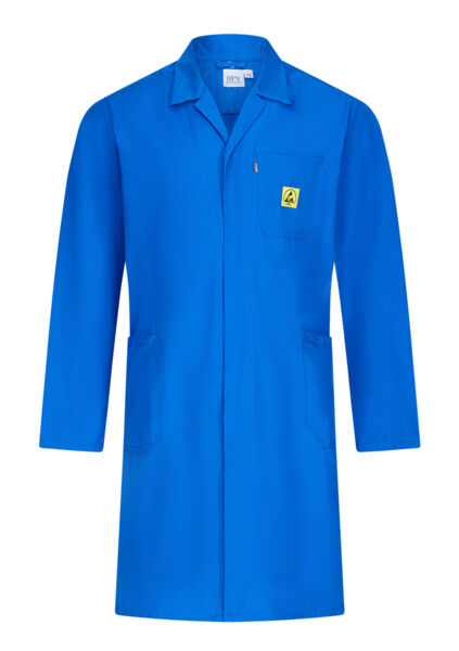 The image shows a blue coat with a simple, straight cut. It has long sleeves, a chest pocket, and is open at the front. There is a yellow logo on the chest pocket.