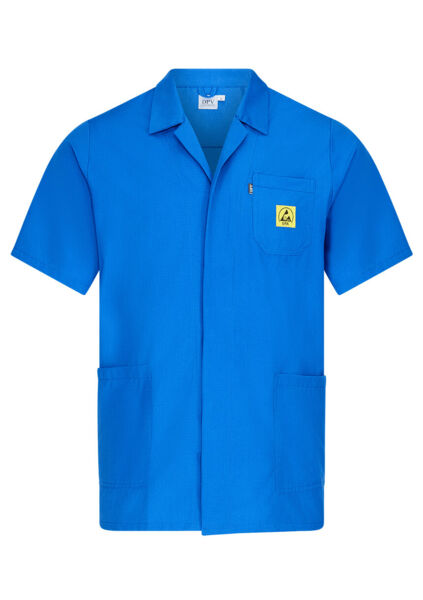 The image displays a knee-length, light blue shirt with short sleeves. It features a collar, a chest pocket with a yellow warning symbol, and two side pockets.