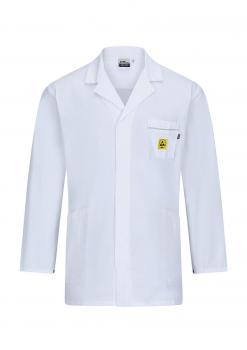 The image shows a white lab coat. It has long sleeves, a collar, and a chest pocket with a striking yellow patch. The coat is simple and functional.