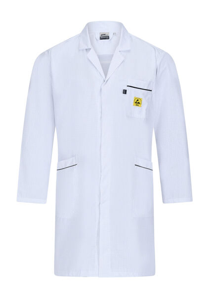 The image shows a white lab coat with long sleeves. It has a chest pocket with a yellow warning symbol and two side pockets. The coat is full-length and has a small collar.