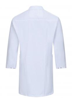 The image shows a white coat with long sleeves. The coat has a classic collar and is smoothly cut at the back. It has two side pockets and is made from lightweight material.