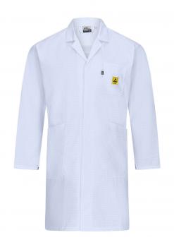 The image displays a white coat with long sleeves. It features a chest pocket and a yellow logo on the left side. The coat is simple and is commonly worn in laboratories or medical facilities.