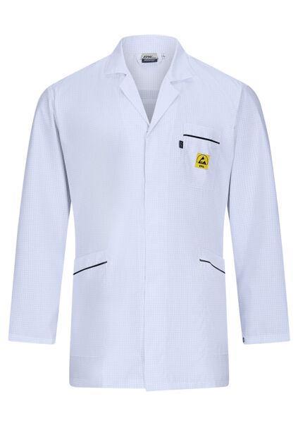 The image shows a white, long coat with a collar. It has long sleeves, two side pockets, and a chest pocket. There is a yellow logo on the left chest side.