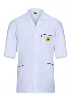 The image shows a white lab coat with short sleeves. It has a continuous front, two pockets, and a yellow emblem on the left side. The seams are black.