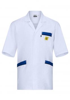 The image shows a short, white work jacket with a zipper. It has blue pockets and a small yellow patch on the left chest side. The sleeves are short.