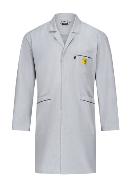 The image shows a gray lab coat with long sleeves. It features a simple collar, two side pockets, and a yellow warning symbol on the left chest side.