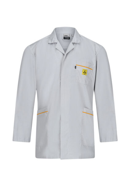 The image shows a gray lab coat with long sleeves. It has a collar, a chest pocket with a warning symbol, and two side pockets with yellow accents.