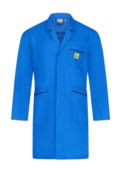 The image displays a long, blue coat with a collar and long sleeves. It features two side pockets and a small chest pocket, which bears a yellow logo.