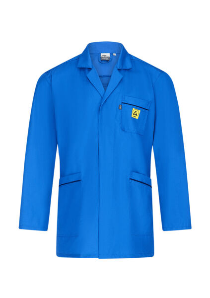 The image displays a brightly blue work coat with long sleeves. It features a collar, two large front pockets, and a chest pocket with a yellow logo. The coat appears sturdy and functional.