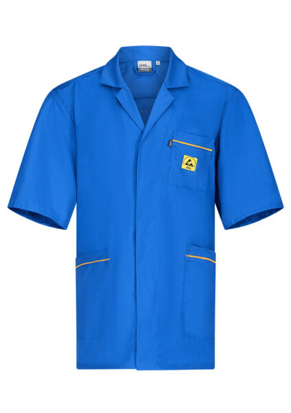 The image shows a short-sleeved, bold blue shirt. It features a classic collar, two side pockets, and a chest pocket with a yellow logo. The seams are highlighted in yellow.