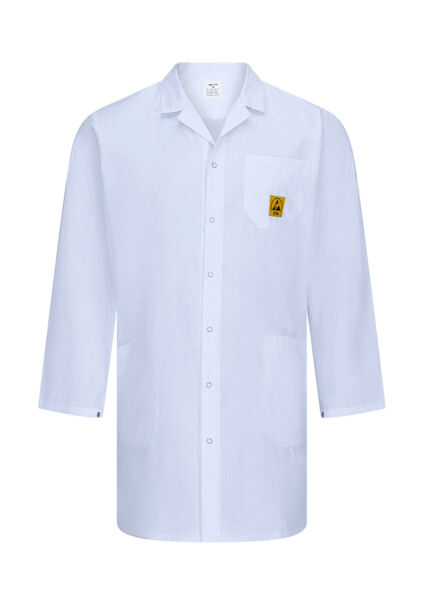 The image shows a white coat with long sleeves. It has a full-length button placket and a chest pocket, on which a yellow label or logo is sewn.