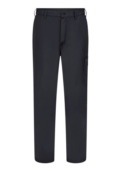 The image shows black, plain fabric trousers with a straight cut. They have an elastic waistband and side pockets, offering a practical, comfortable look.