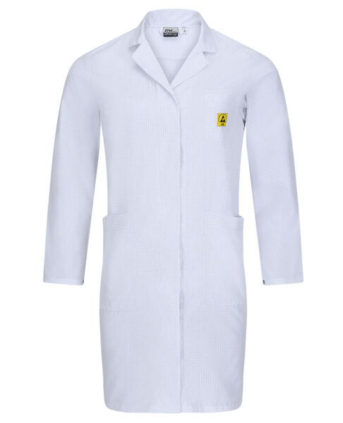 The image shows a white lab coat made of lightweight fabric. It has long sleeves, a collar, and two side pockets. There is a yellow emblem on the left chest side.