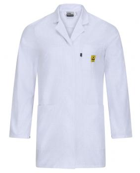 The image shows a white lab coat with long sleeves. It has a collar, two front pockets, and a small yellow label on the left side. The fabric appears light and smooth.