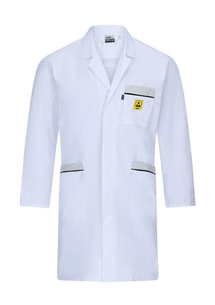 The image shows a white lab coat with long sleeves. It has a chest pocket with a warning symbol and black details on the pockets. The coat looks professional and clean.