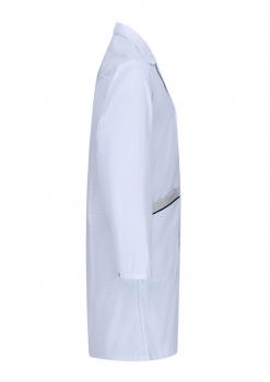 The image shows a white lab coat in side view. The coat has long sleeves, a collar, and a chest pocket with a dark zipper. It is straight-cut.