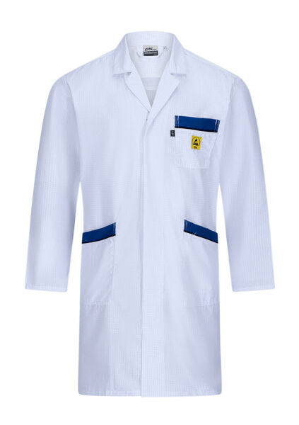 The image shows a white lab coat. It has long sleeves, two side pockets, and a chest pocket with a small yellow print. The coat appears clean and professional.