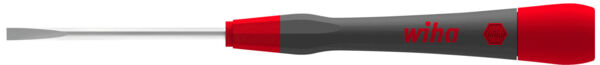 The image shows a screwdriver with a long, flat steel blade. The handle is red and gray, featuring the "Wiha" logo. It is ergonomically designed for better grip.