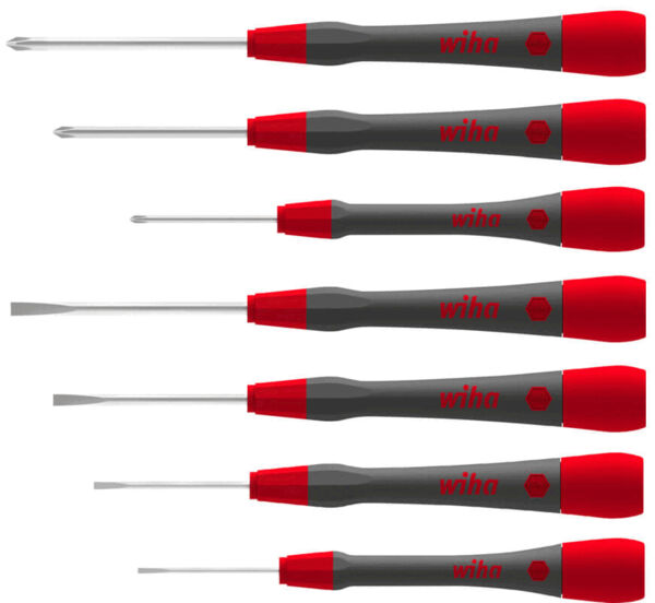 The image shows a series of screwdrivers in various sizes. The handles are gray with red ends. The heads are narrow and metallic, suitable for fine screws.