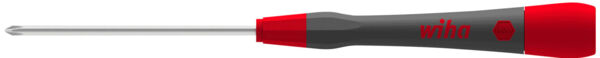 The image shows a screwdriver with a long, slender steel end and an ergonomically shaped handle. The handle is red and black and features the logo "wiha".