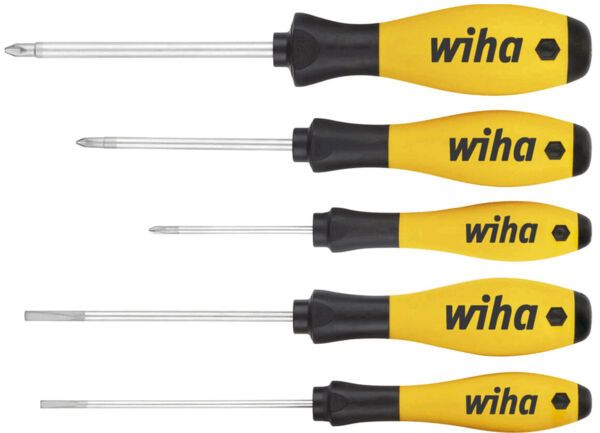 The image shows five screwdrivers with black handles and yellow areas. They are of varying lengths and have different head types, labeled with "wiha".