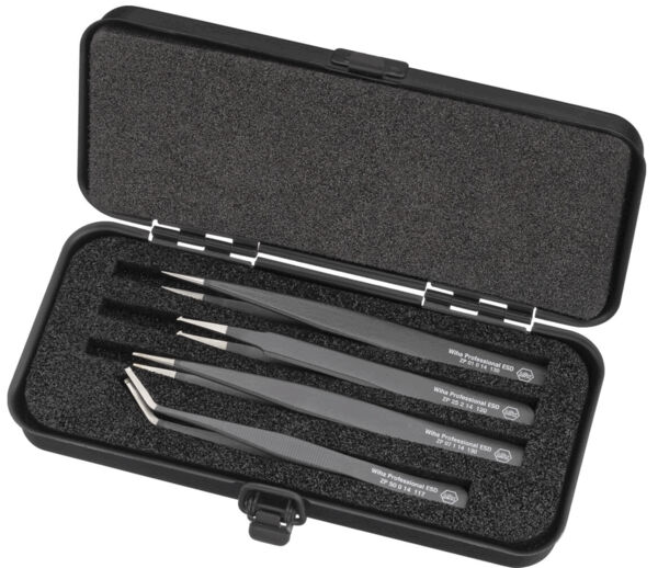 The image shows a black, rectangular case with a foam interior. Inside, there are four precise, black tweezers in various shapes.