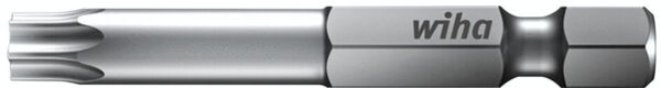 The image shows a silver bit with a hexagonal and a slotted tip. On the side, the word "wiha" is engraved. The bit is smooth and has a metallic surface.