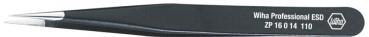 The image shows a black tweezer with narrow, pointed tips. On the side, there is an inscription displaying the manufacturer and model information. The tweezer has a matte finish.