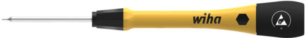 The image shows a screwdriver with a yellow handle and a black tip. The handle has a logo and a hexagonal opening, while the tip is long and thin.