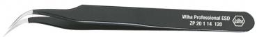 The image shows a black tweezers with a narrow, curved tip. It has a professional finish and is suitable for precise tasks. A brand name is engraved.