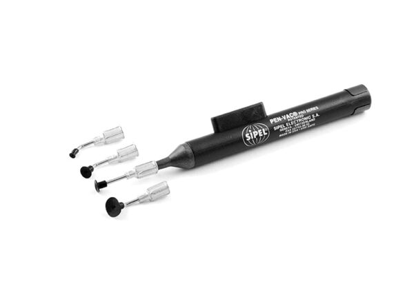 The image shows a black marker with a pointed cap. Next to the marker are three transparent caps in different sizes, two of them with black tips.