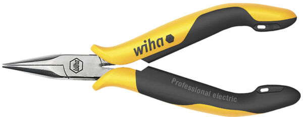 The image displays a pair of pliers with pointed blades. It features an ergonomic handle in black and yellow, inscribed with 