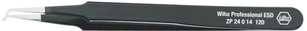 The image shows a black tweezer with pointed tips. It has a smooth surface and is marked with "Wha Professional ESD" and a model number on the side.