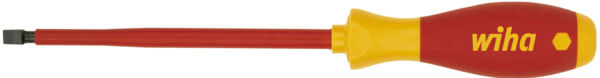 The image shows a screwdriver with a red-yellow handle. The handle has an ergonomic shape and is labeled with "wiha". The blade is slim and straight.