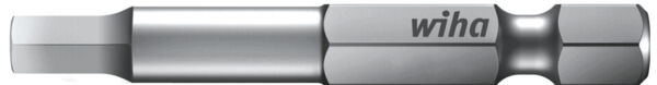 The image shows a metallic screwdriver bit with a hexagonal attachment. It has a smooth surface and bears the inscription "wiha" on the side.