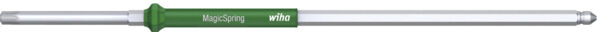 The image shows a long, slender screwdriver with a silver shaft and a green handle. The handle has a round shape and includes the inscription "MagicSpring" from "Wera".