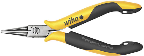 The image displays a pointed pair of pliers with two elongated jaws that narrow in the middle. The handles are black with yellow elements and feature a textured surface for improved grip.